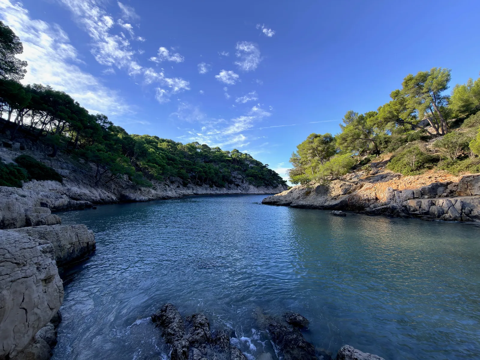 Bras de mer bordé de rochers et de pins sur la randonnée vers En Vau.