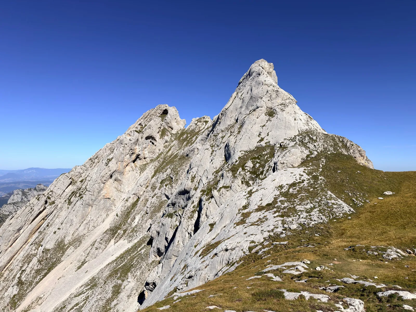 Pointes calcaires élancées et pentes herbeuses sous un ciel bleu.