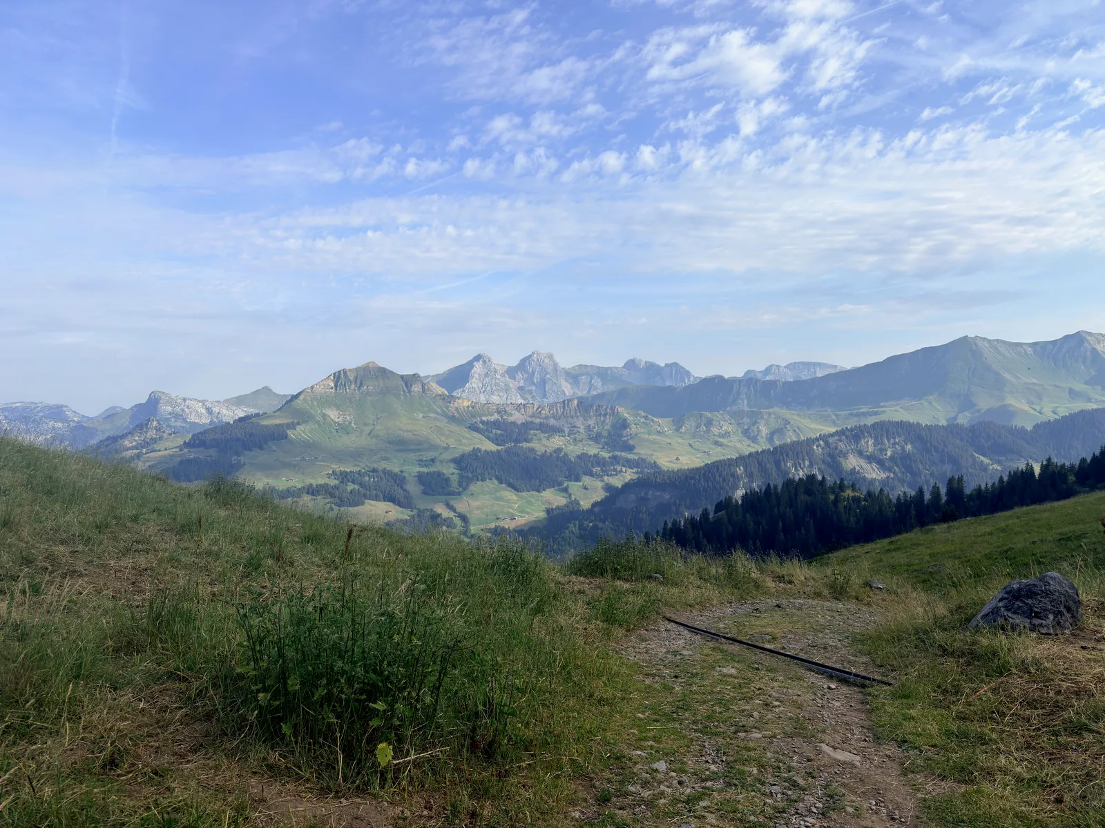 Chemin dans les alpages ouvrant sur les reliefs et les forêts de la vallée.