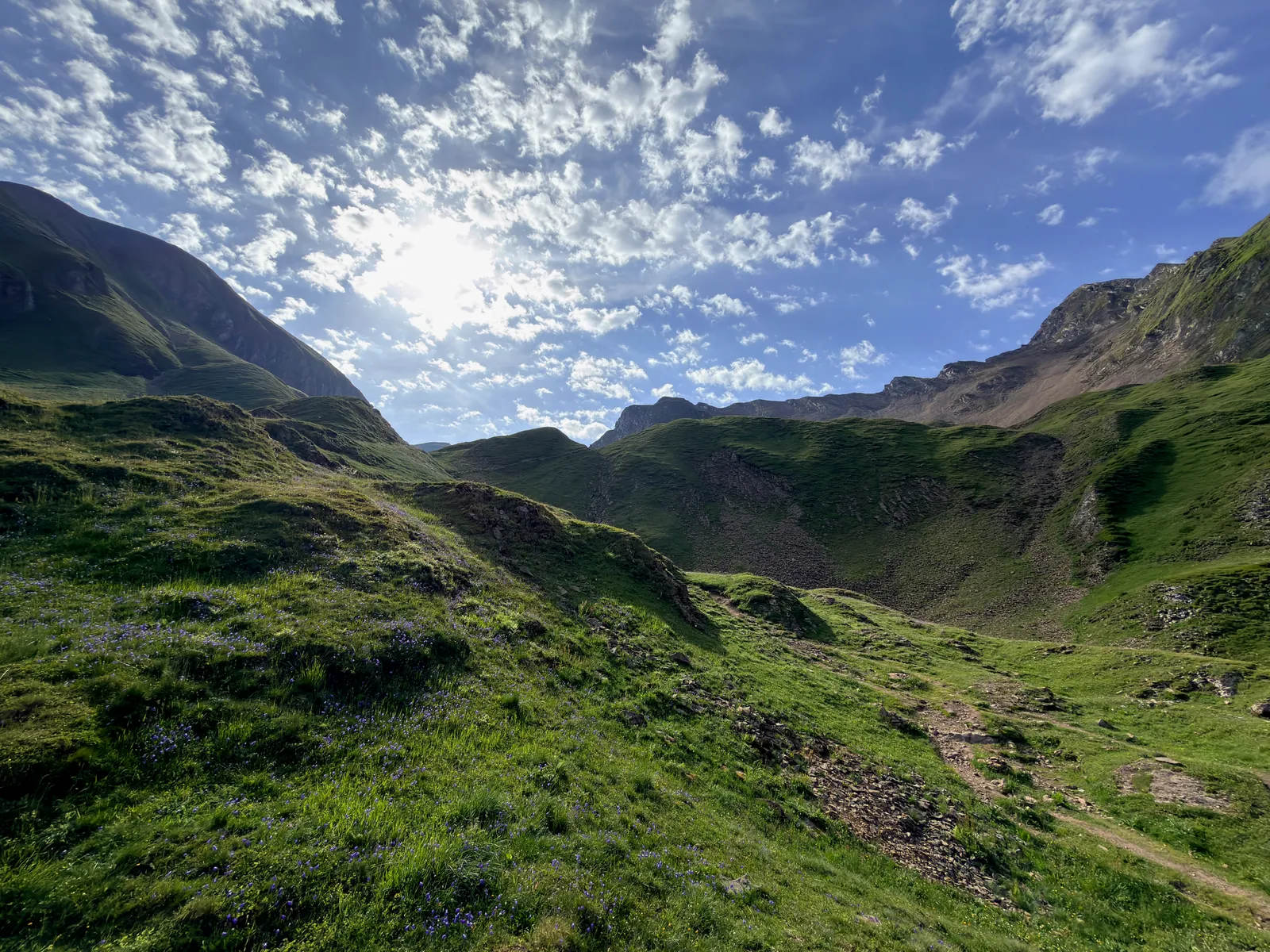 Vallon herbeux et petites fleurs sous les pentes rocheuses et un ciel parsemé de nuages.