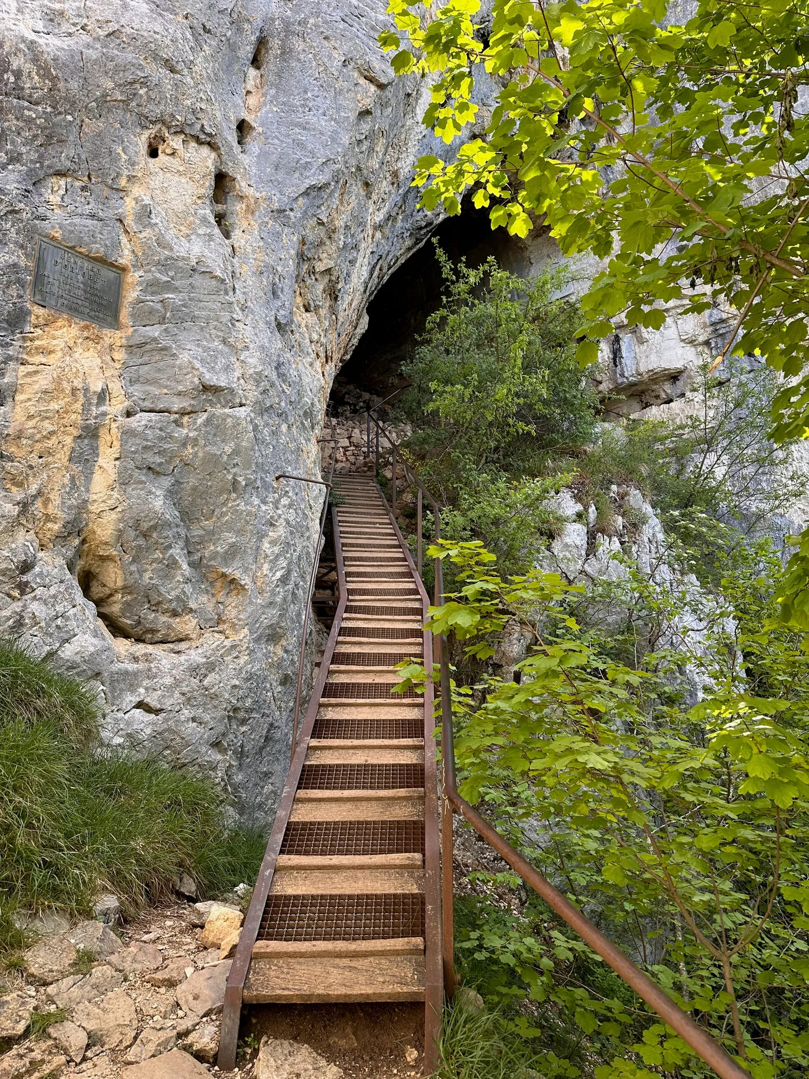 Escalier en bois entre les parois rocheuses du Salève.