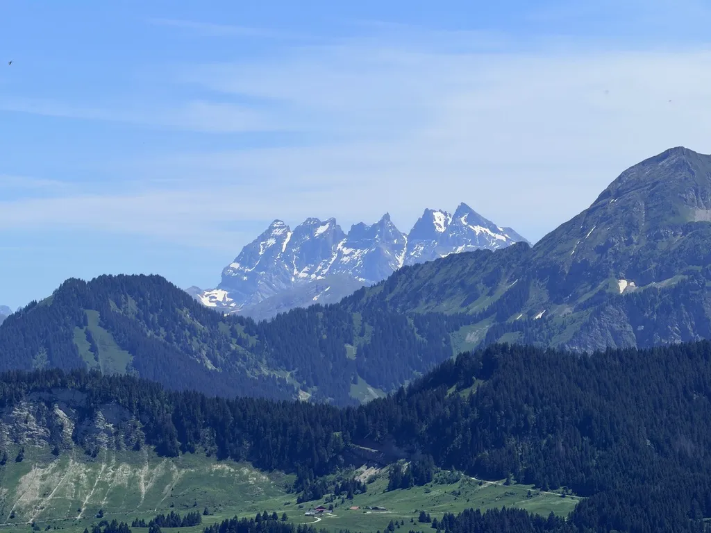 Crêtes rocheuses enneigées au loin, forêts et alpages vus depuis Miribel.