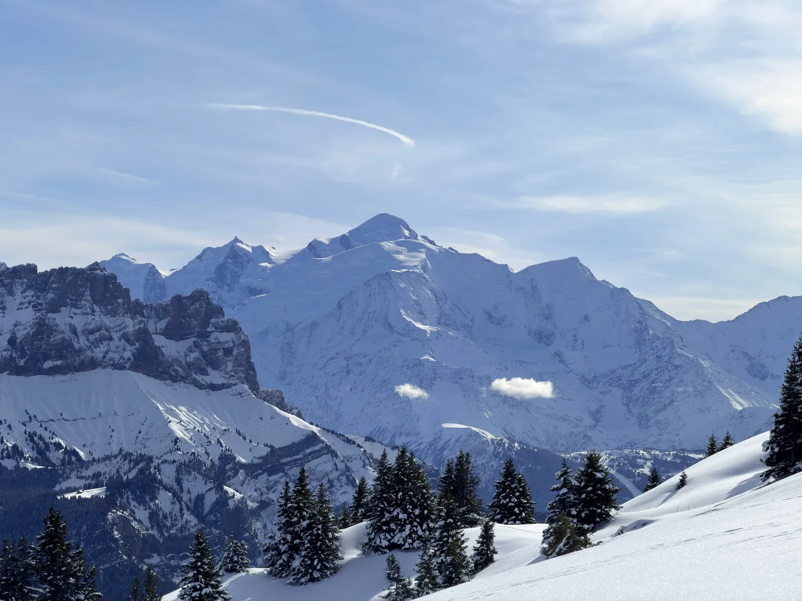 Vue sur le massif du Mont-Blanc depuis les pentes de la Sallaz