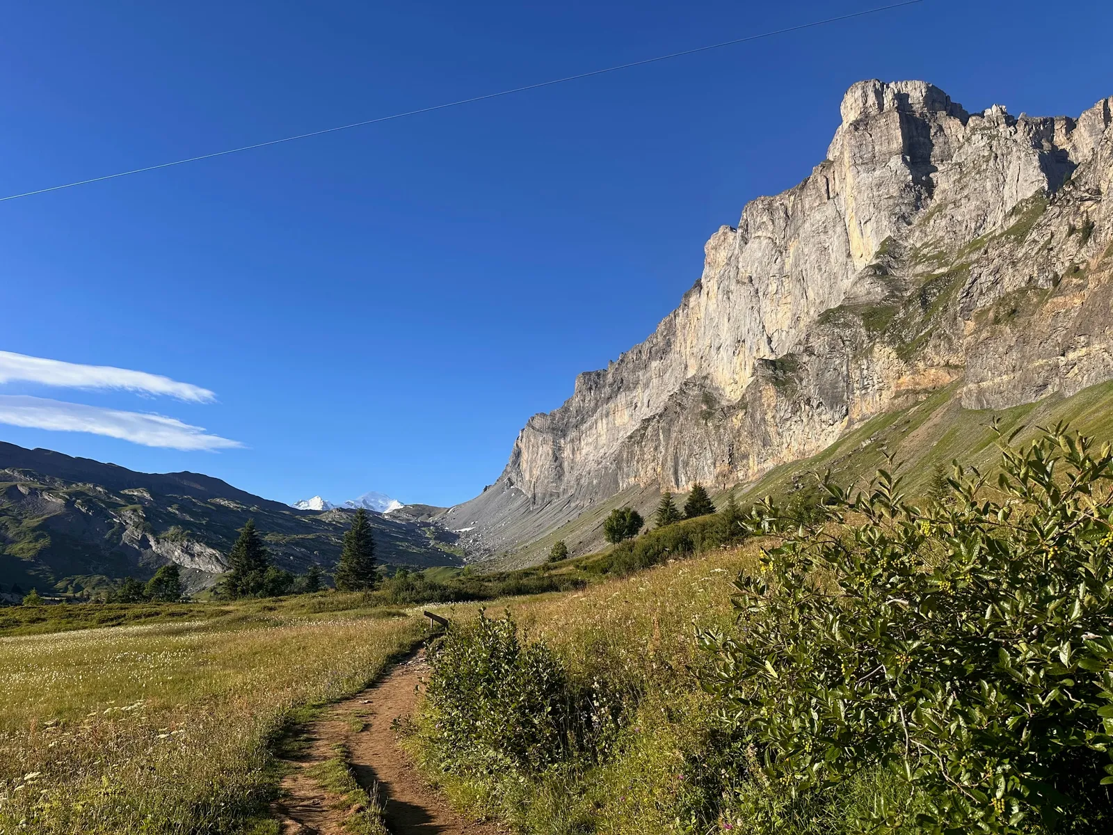Sentier dans les alpages, sous les grandes parois calcaires.